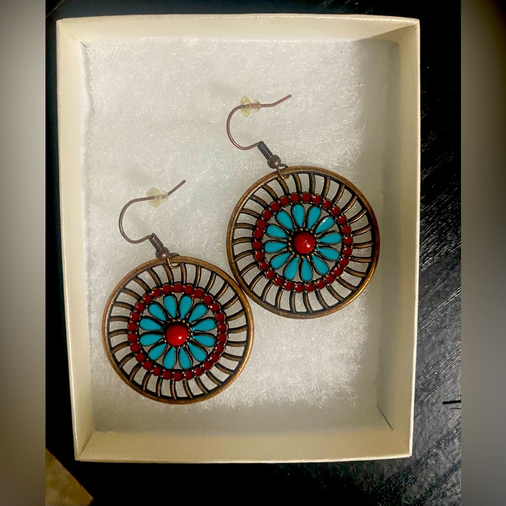 *final price*Earrings circle brassy with turquoise